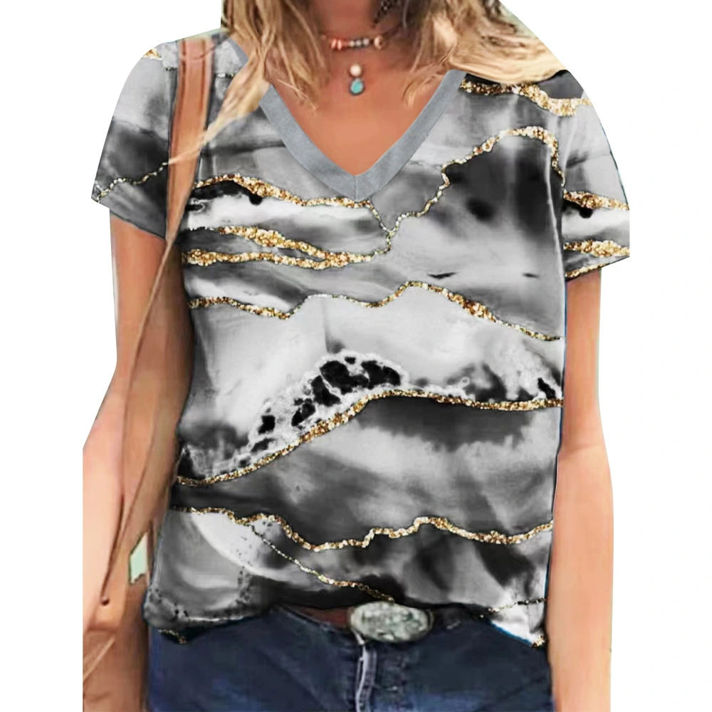 Short Sleeve Top V Neck Printed Shirt Sequin Splicing Top Fashionable Loose Casual Shirt Grey M