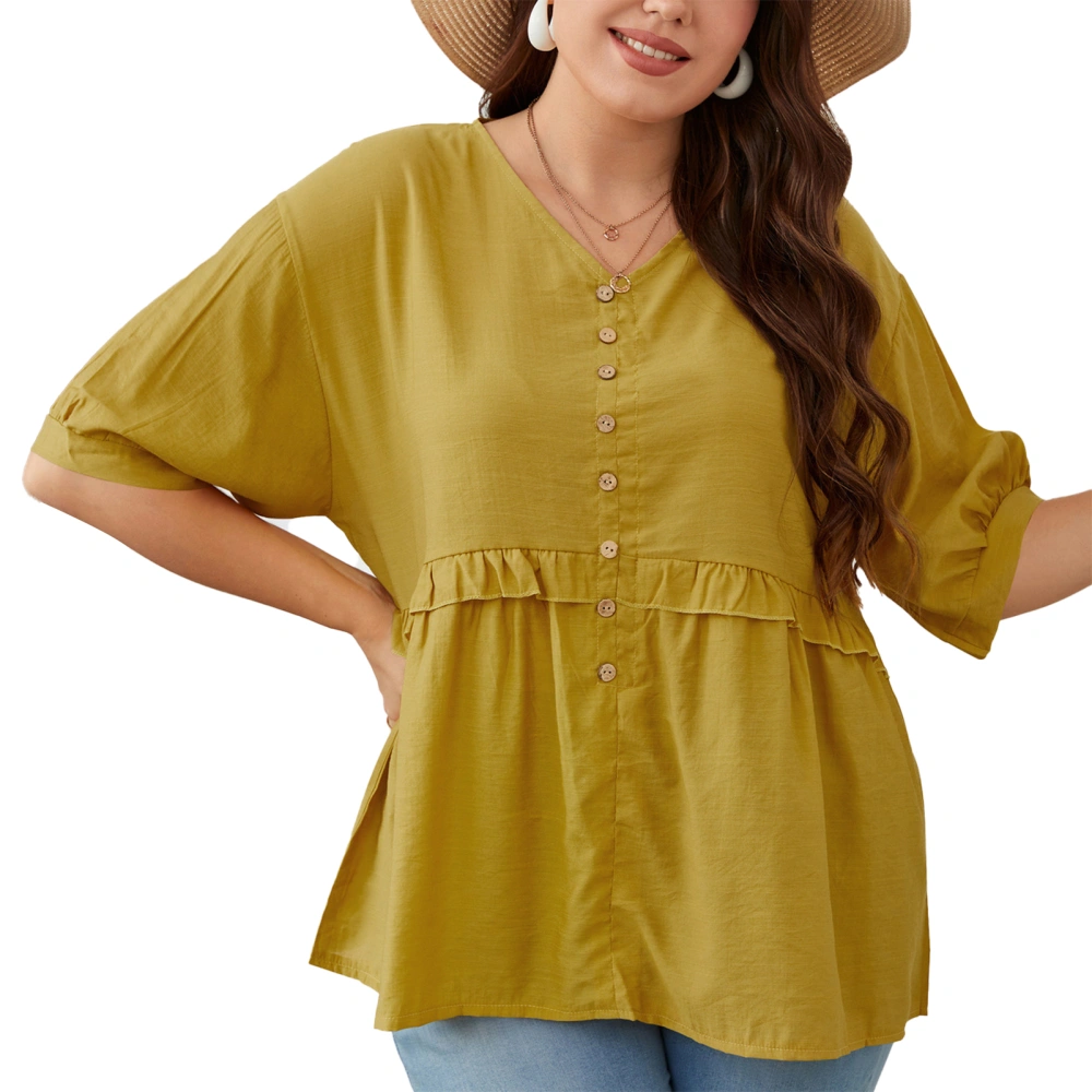 Oversized Blouse V Neck Loose Short Sleeve Button Front Comfortable Breathable Women Top for Party Daily Yellow XXL