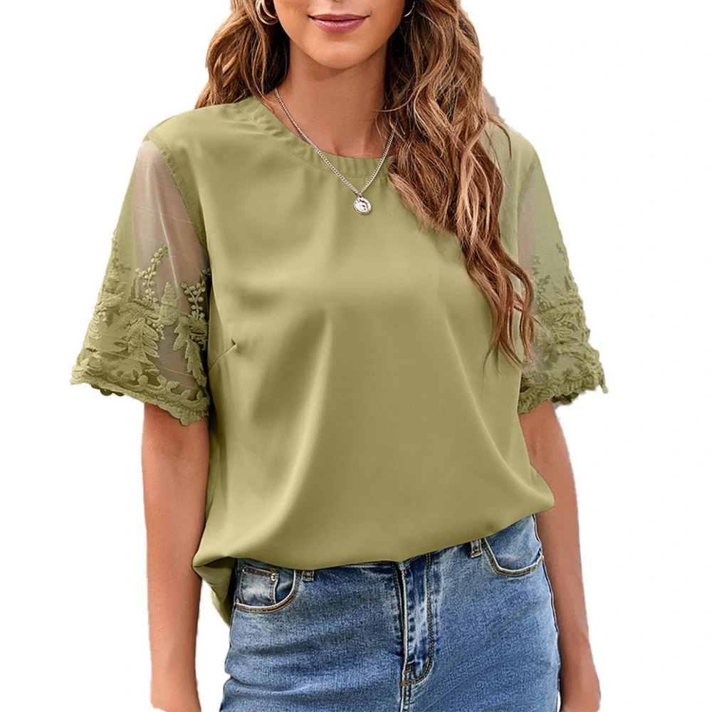 Women Short Sleeve Shirt Round Neck Short Lace Mesh Sleeve Pure Color Casual Loose Women Shirt Top for Summer Daily Green M