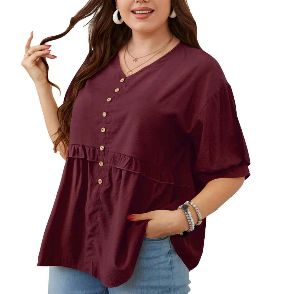 Oversized Blouse V Neck Loose Short Sleeve Button Front Comfortable Breathable Women Top for Party Daily Rose Red XXXL