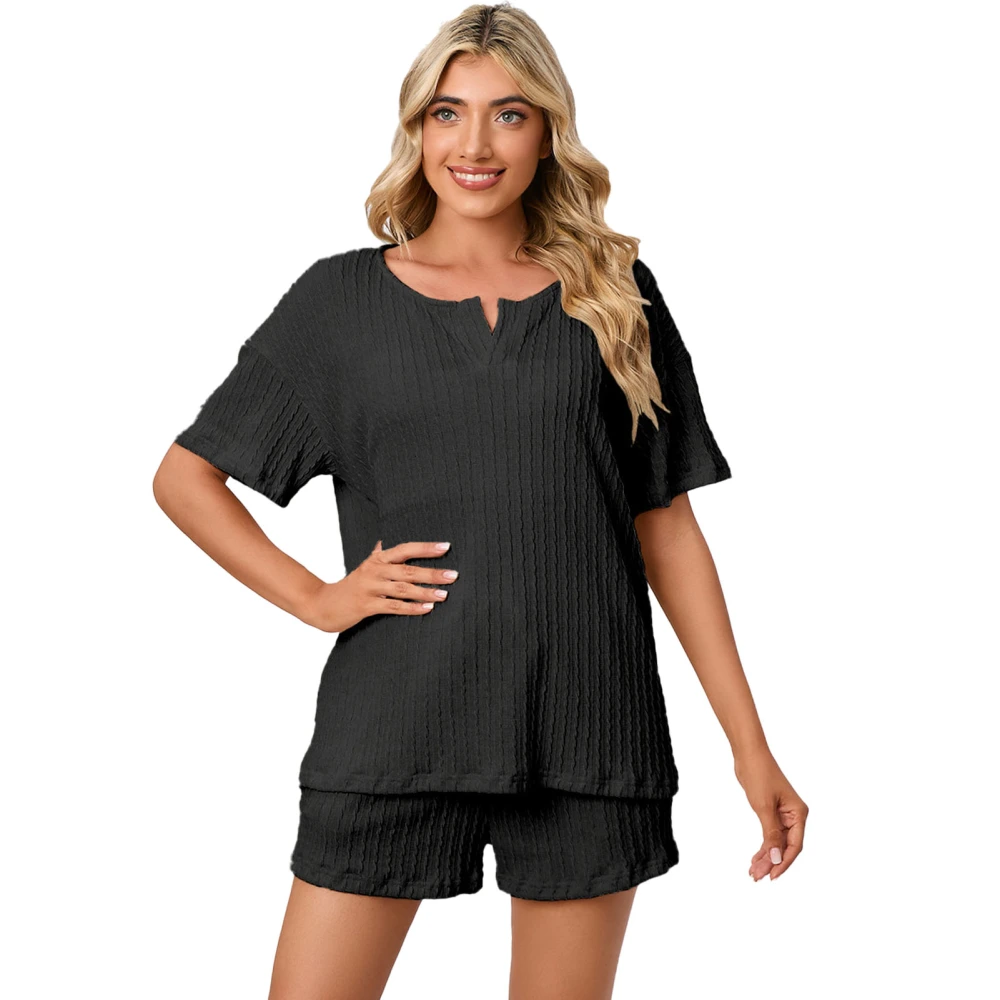 Woman Pajamas Set Loose Fit Casual V Neck Short Sleeve Loungewear with Shorts Side Pockets for Home Wear Black XXL