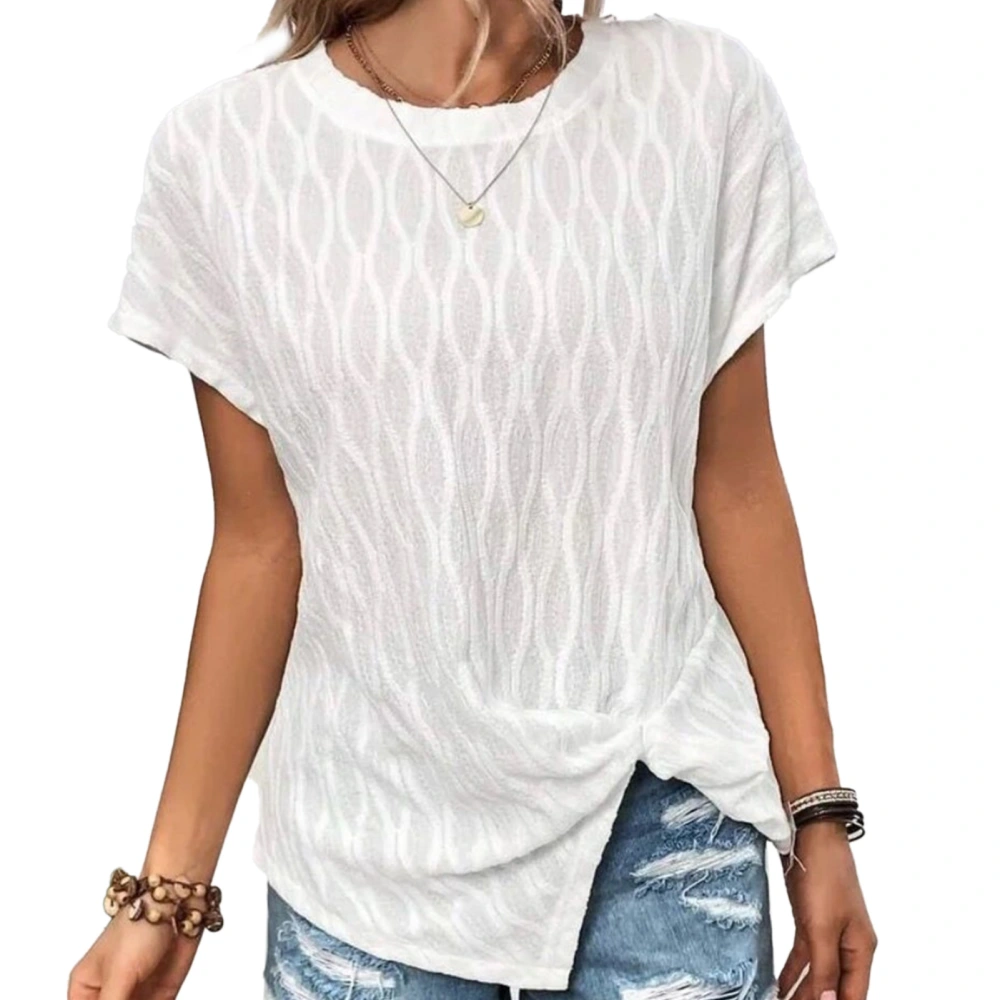 Women Short Sleeve Top Split Hem Round Neck Shirt Casual Pure Color Shirt Summer Loose Top White L