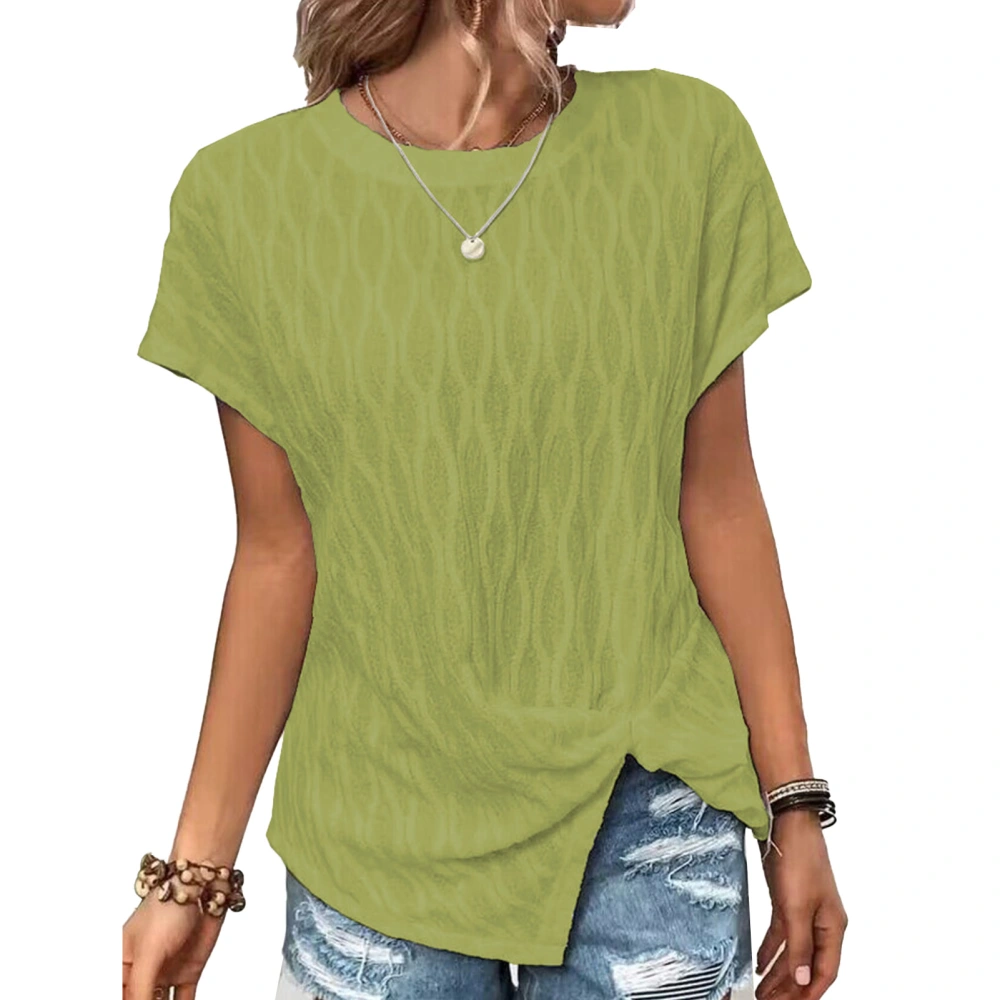 Women Short Sleeve Top Split Hem Round Neck Shirt Casual Pure Color Shirt Summer Loose Top Light Green L