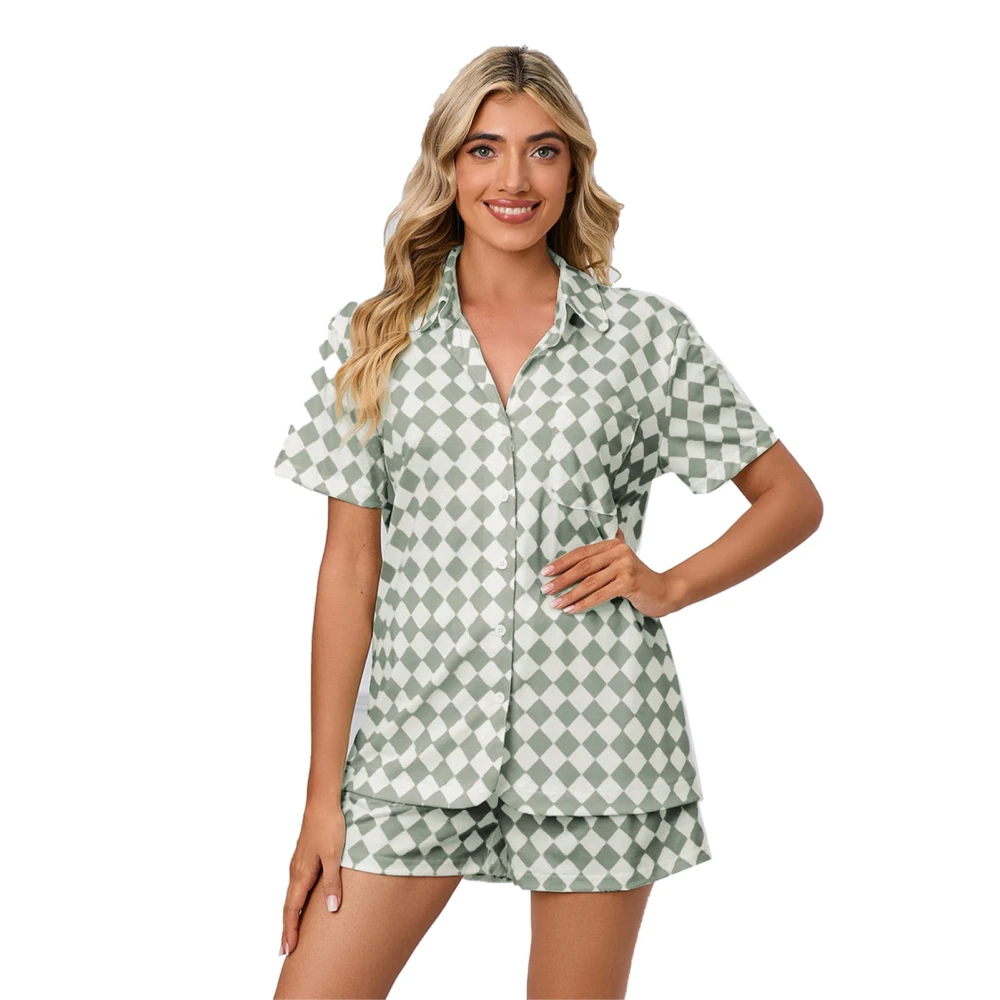 Women Short Sleeves Pajamas Set Plaid Pattern Turn Down Collar Two Piece Top Shorts Sleepwear Light Gray XL