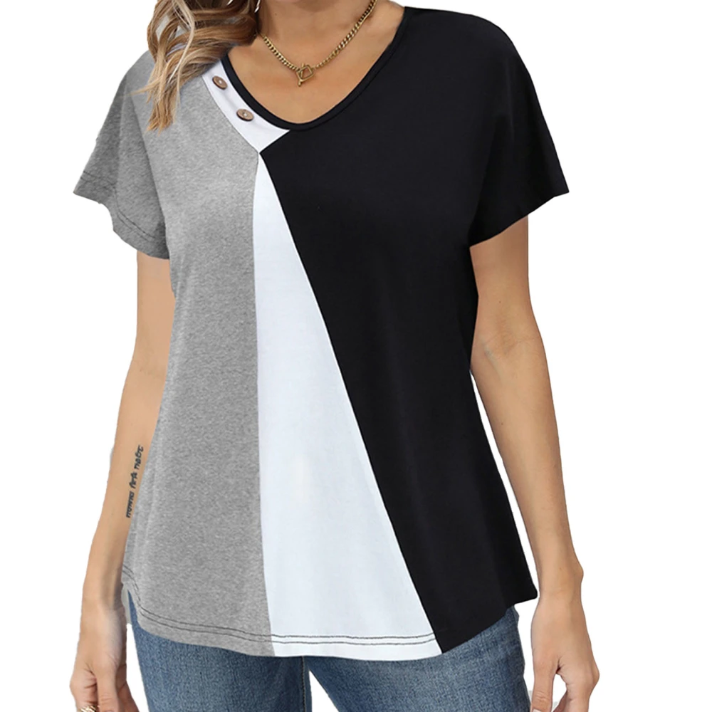 Women Contrast Color T Shirt V Neck Printed T Shirt Summer Casual Short Sleeve Tops Light Gray 2XL