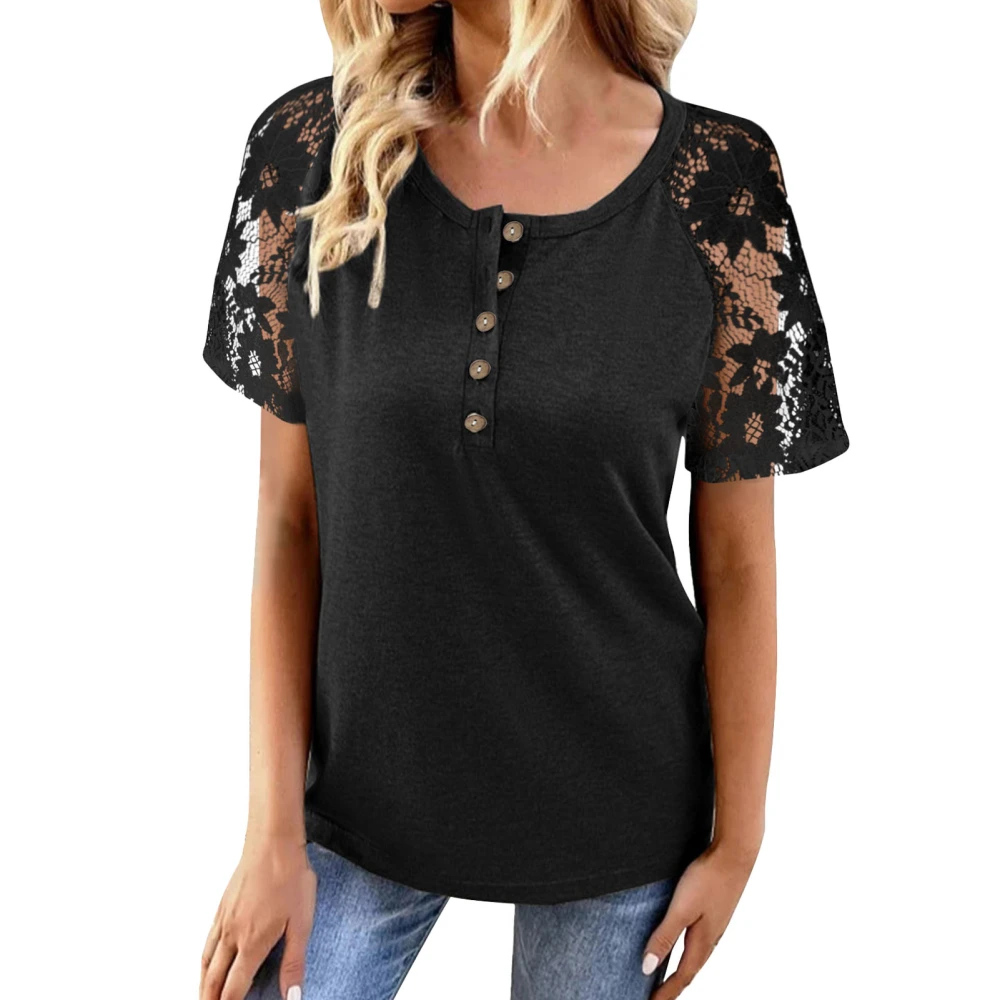 Women Lace Short Sleeve T Shirt Button Front Pure Color Crew Neck Loose Fitting Summer Top Black M