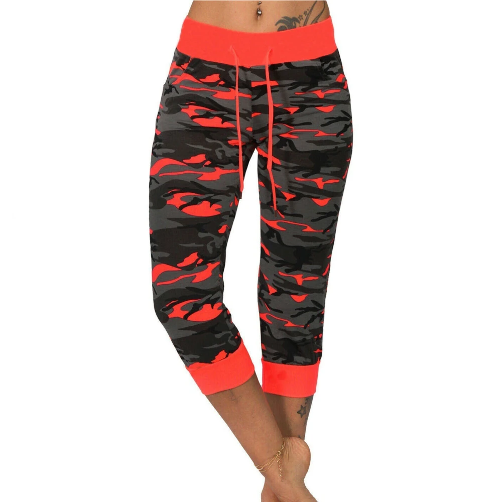 Women Casual Cropped Pants Camouflage Print Drawstring Medium Waist Comfortable Trousers for Sports Holiday Red XXL