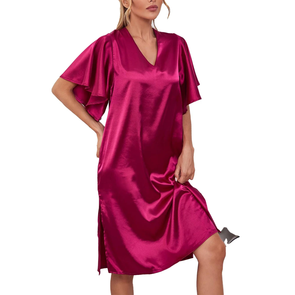 Women Nightshirt Short Sleeve Sleepwear V Neck Nightgown Pure Colour Pajama Dress Red XL