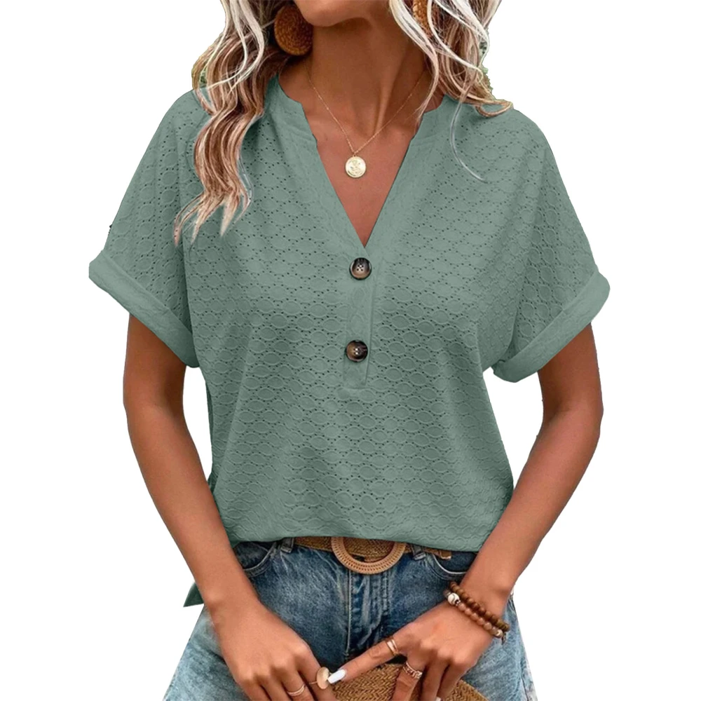 V Neck Tops for Women Batwing Sleeve Pure Color Fashionable Casual Breathable Button Short Sleeves Tops for Daily Office Green 3XL