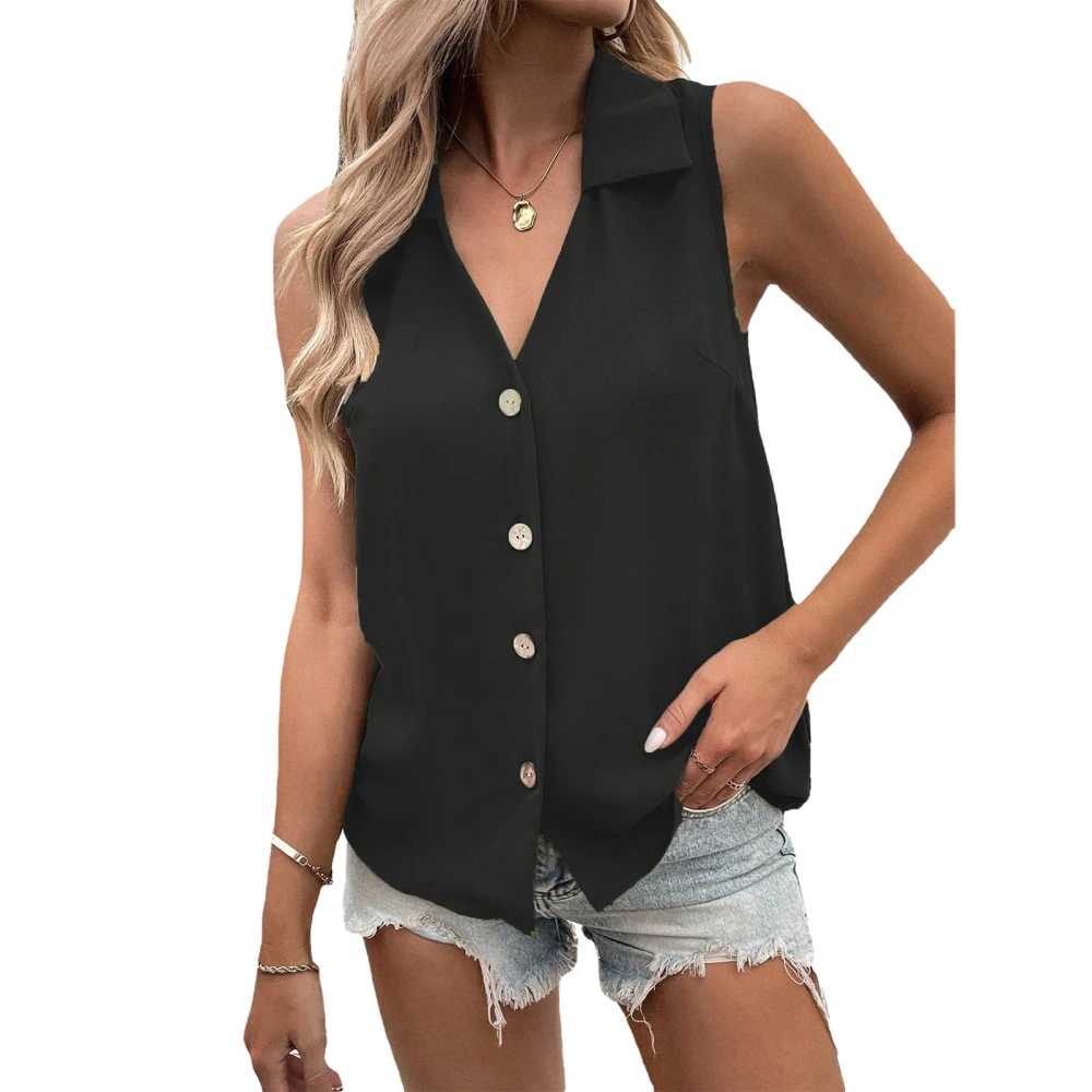 Women V Neck Tank Top Turn Down Collar Button Closure Back Pleated Summer Sleeveless Vest Black M