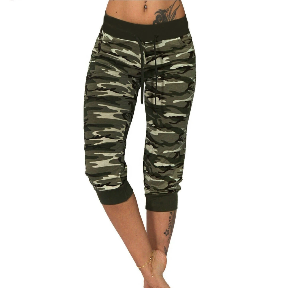 Women Casual Cropped Pants Camouflage Print Drawstring Medium Waist Comfortable Trousers for Sports Holiday OD Green S