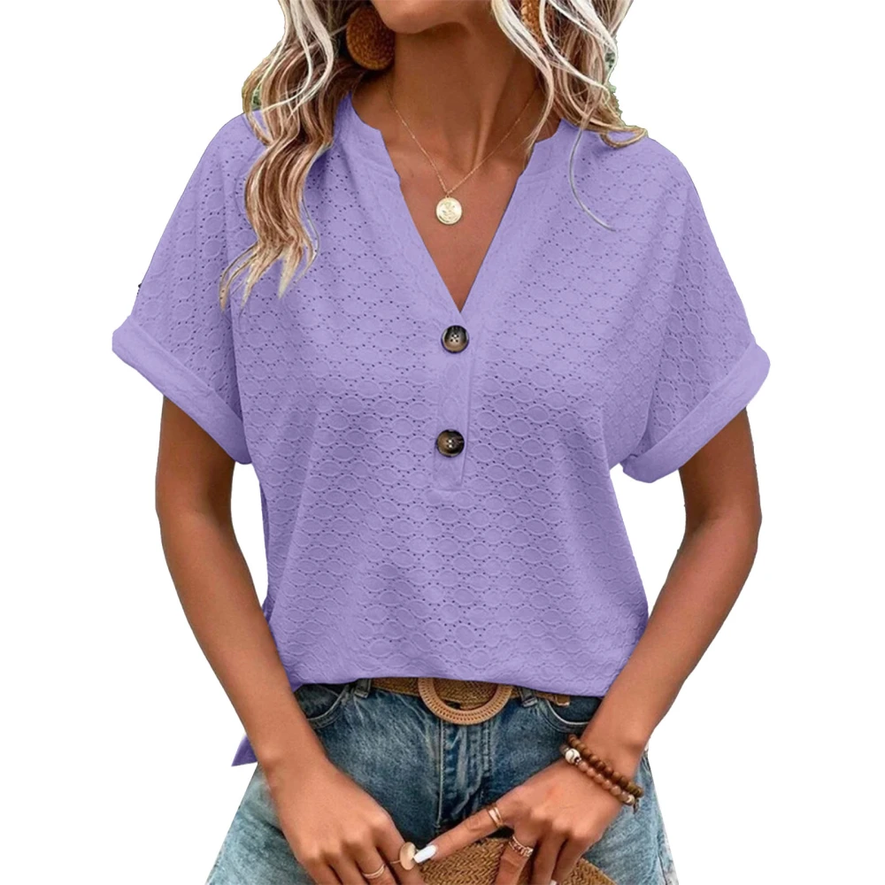 V Neck Tops for Women Batwing Sleeve Pure Color Fashionable Casual Breathable Button Short Sleeves Tops for Daily Office Purple XL