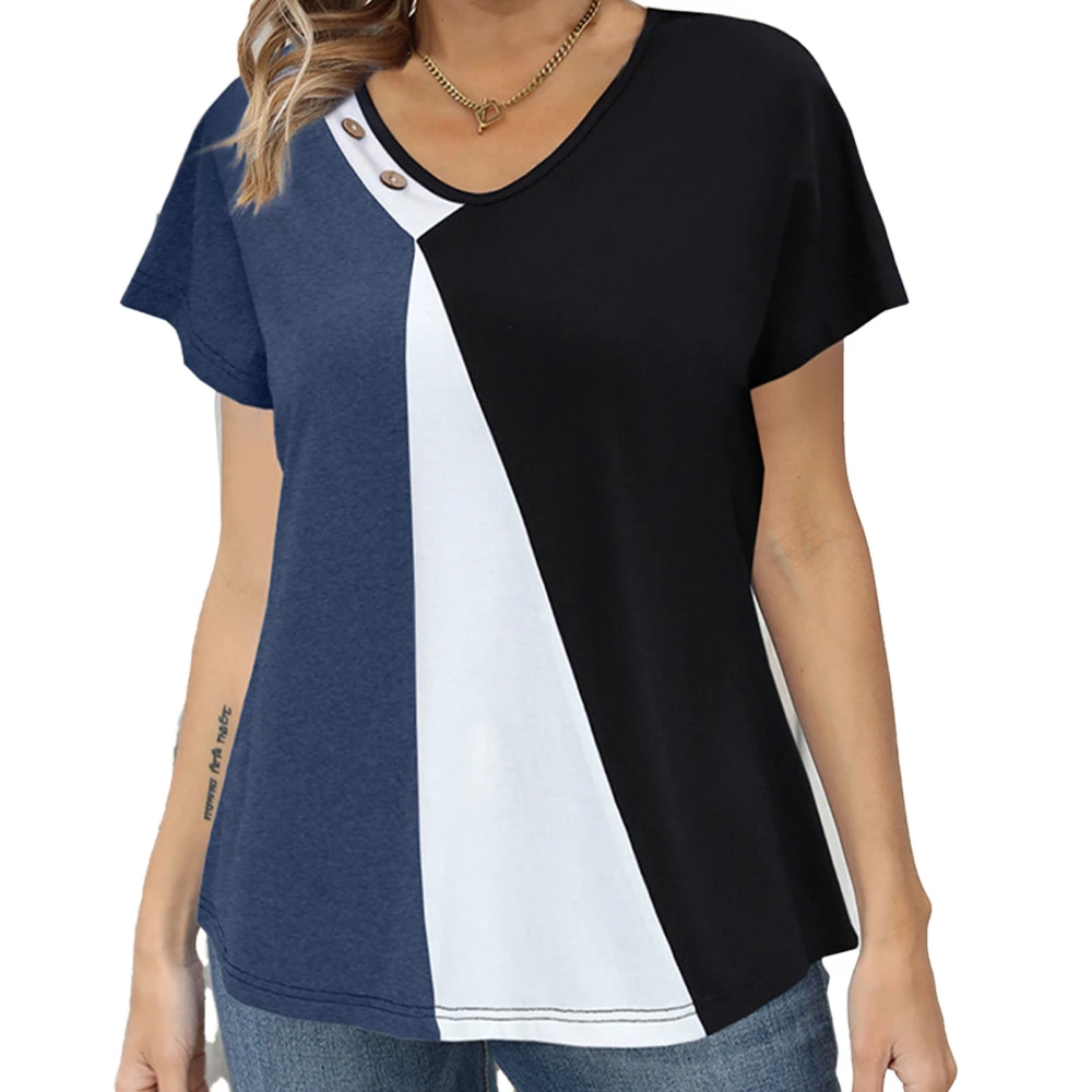 Women Contrast Color T Shirt V Neck Printed T Shirt Summer Casual Short Sleeve Tops Dark Blue XL