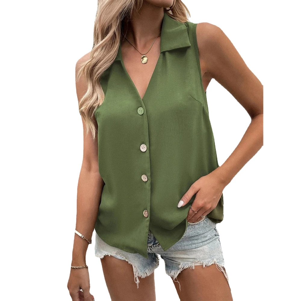 Women V Neck Tank Top Turn Down Collar Button Closure Back Pleated Summer Sleeveless Vest OD Green L