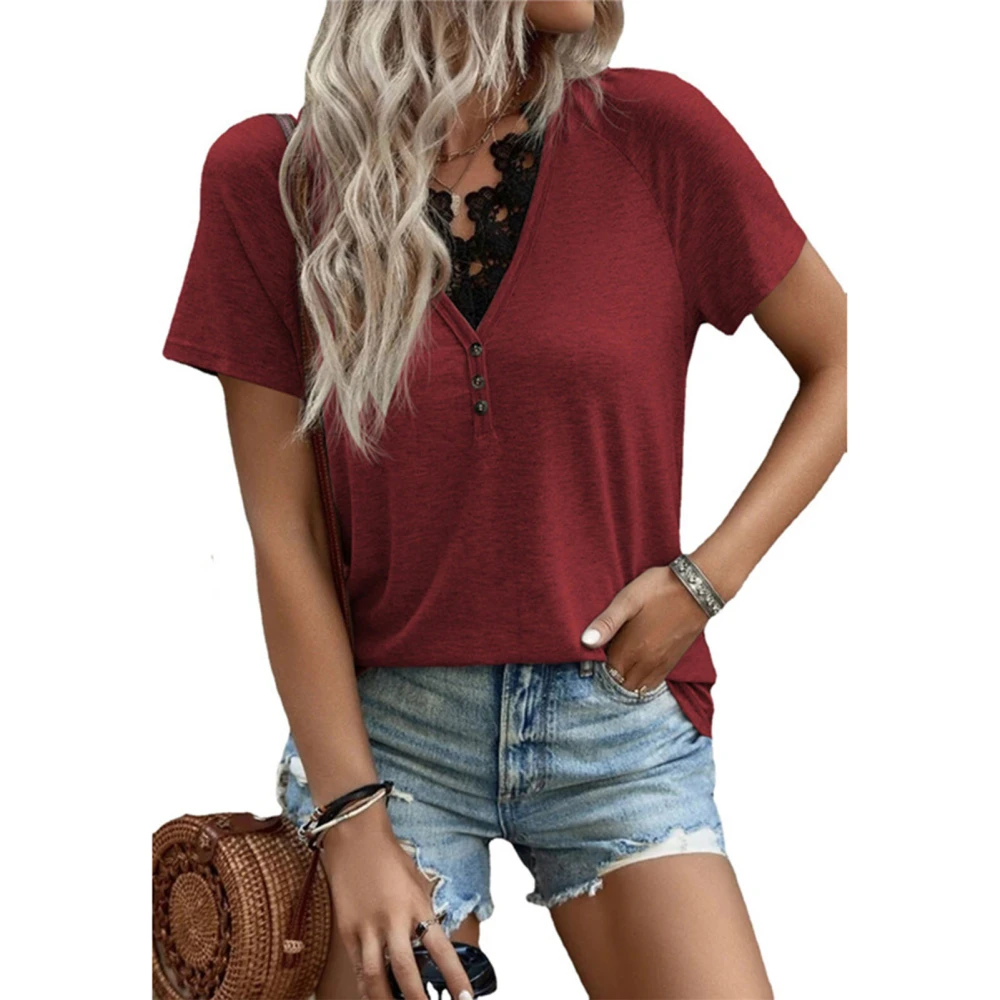 Women V Neck T Shirt Summer Soft Loose Casual Short Sleeve Lace Patchwork Top Blouse Wine Red S