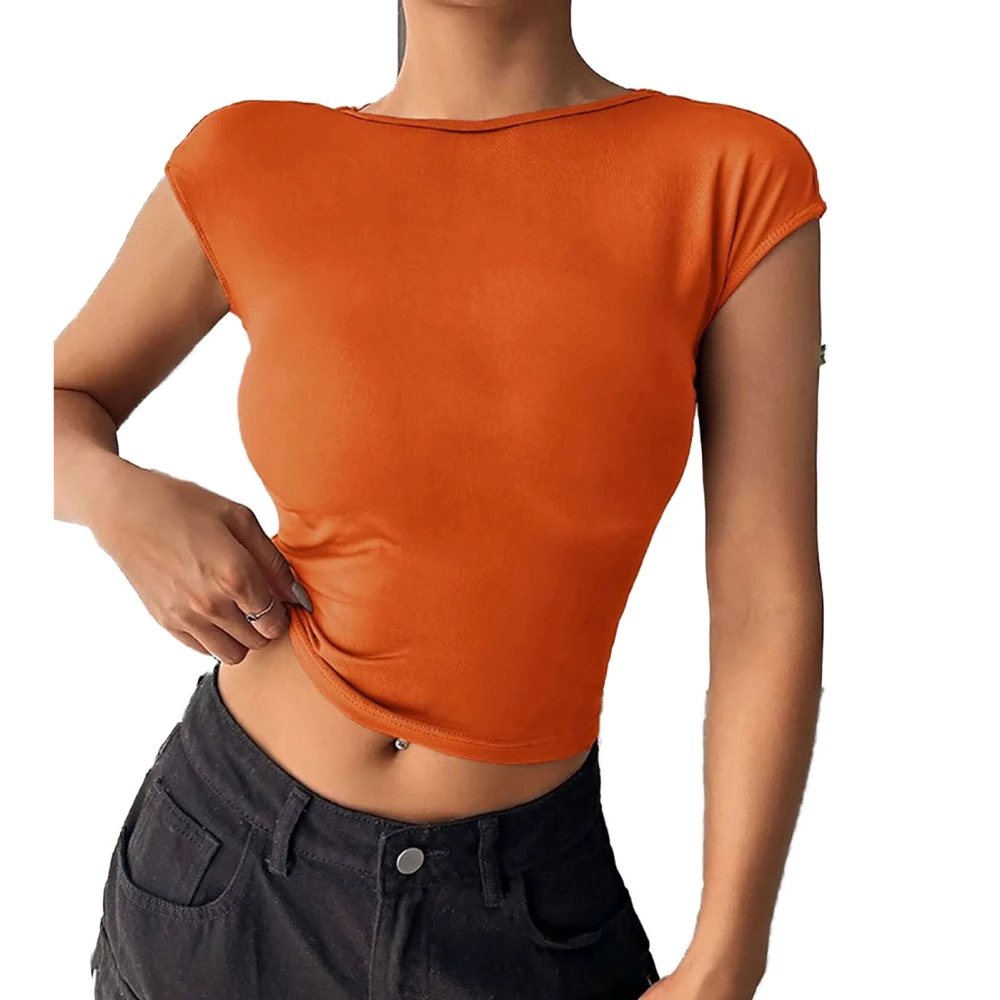 Women Knit Short Sleeve Top Fashionable Elegant Plain Color Slim Fit Crewneck Shirt Blouse for Dating Orange L