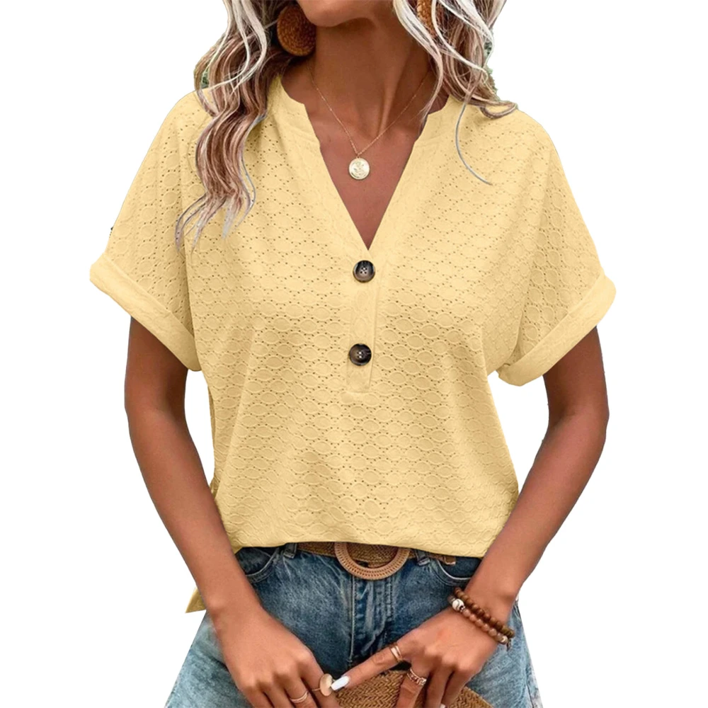 V Neck Tops for Women Batwing Sleeve Pure Color Fashionable Casual Breathable Button Short Sleeves Tops for Daily Office Yellow 3XL