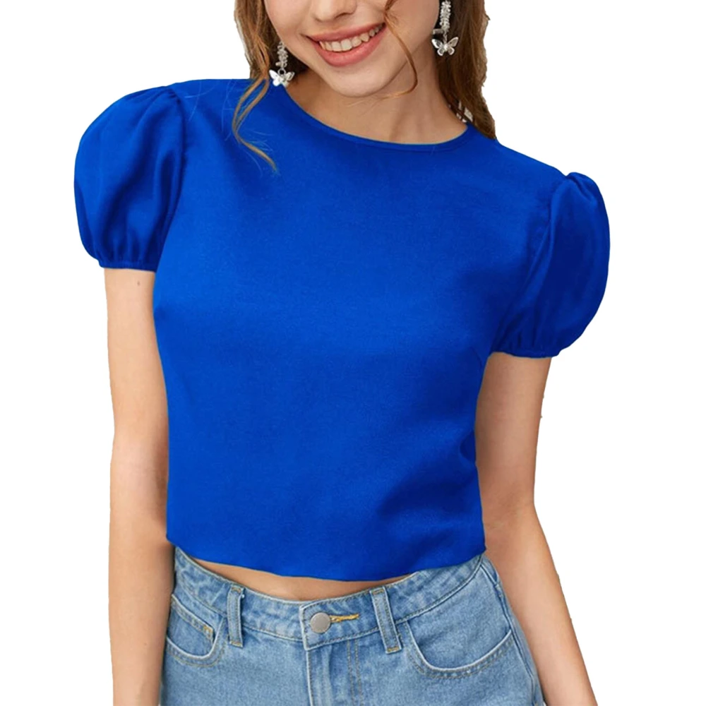 Short Puff Sleeve Top Women Casual Stylish Plain Color Crewneck Bow Tie Back Shirt Blouse for Office Work Blue M