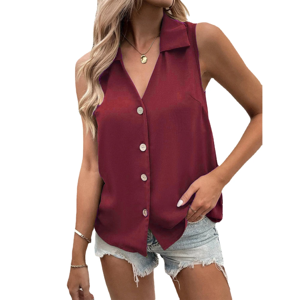 Women V Neck Tank Top Turn Down Collar Button Closure Back Pleated Summer Sleeveless Vest Wine Red XXL