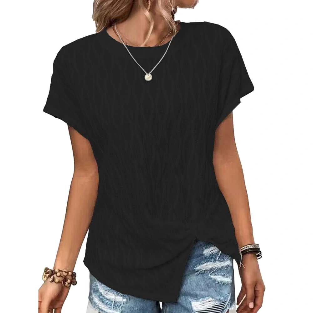 Women Short Sleeve Top Split Hem Round Neck Shirt Casual Pure Color Shirt Summer Loose Top Black 3XL