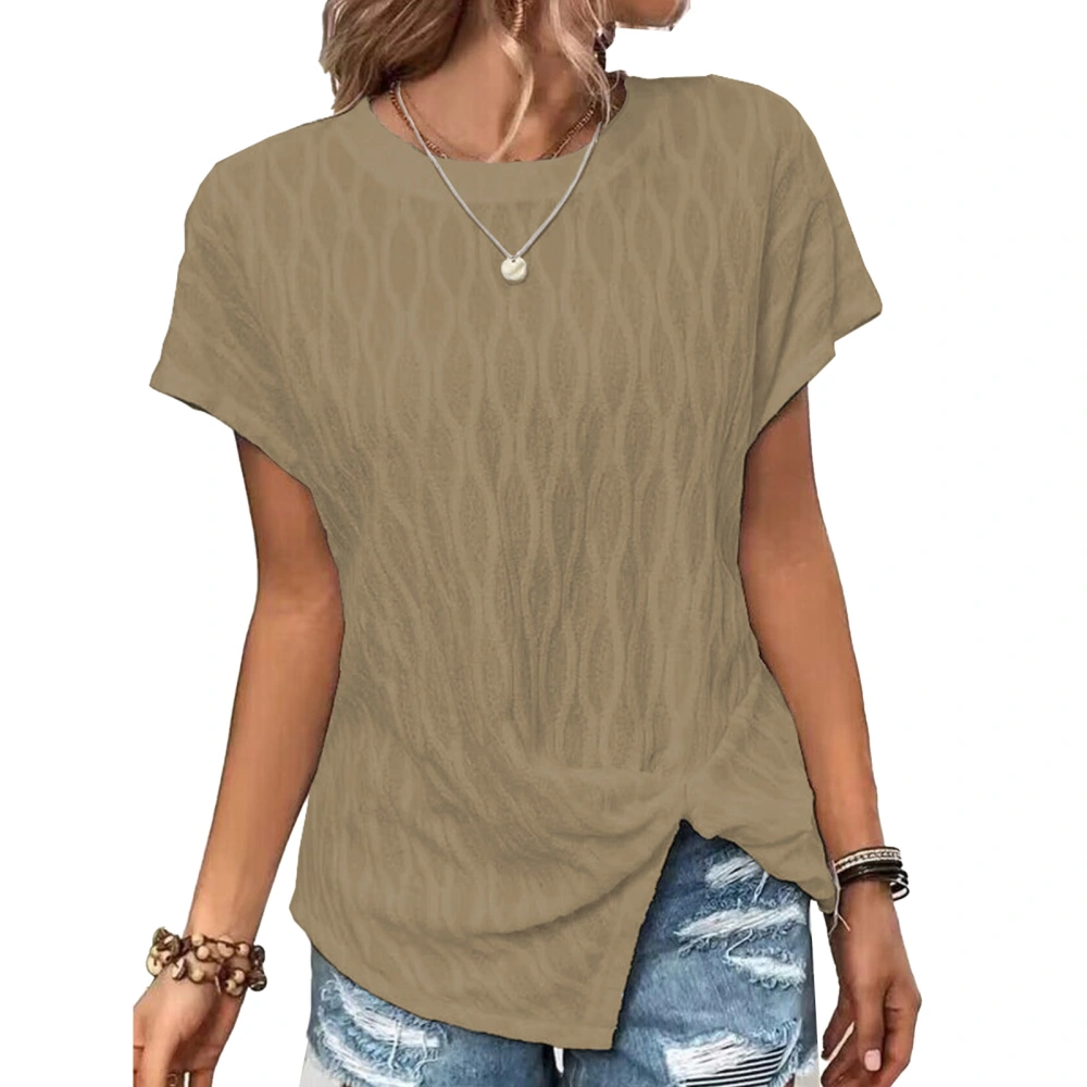 Women Short Sleeve Top Split Hem Round Neck Shirt Casual Pure Color Shirt Summer Loose Top Khaki L