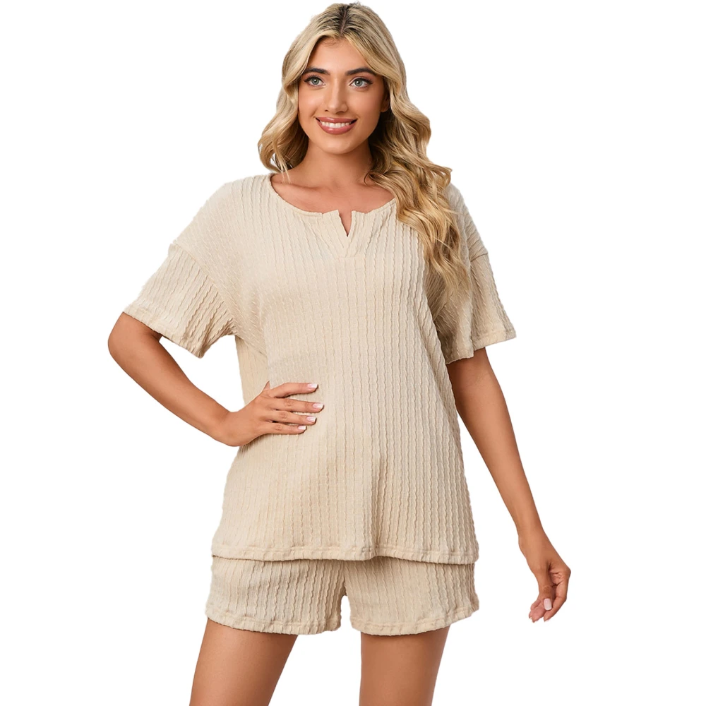 Woman Pajamas Set Loose Fit Casual V Neck Short Sleeve Loungewear with Shorts Side Pockets for Home Wear Beige 3XL