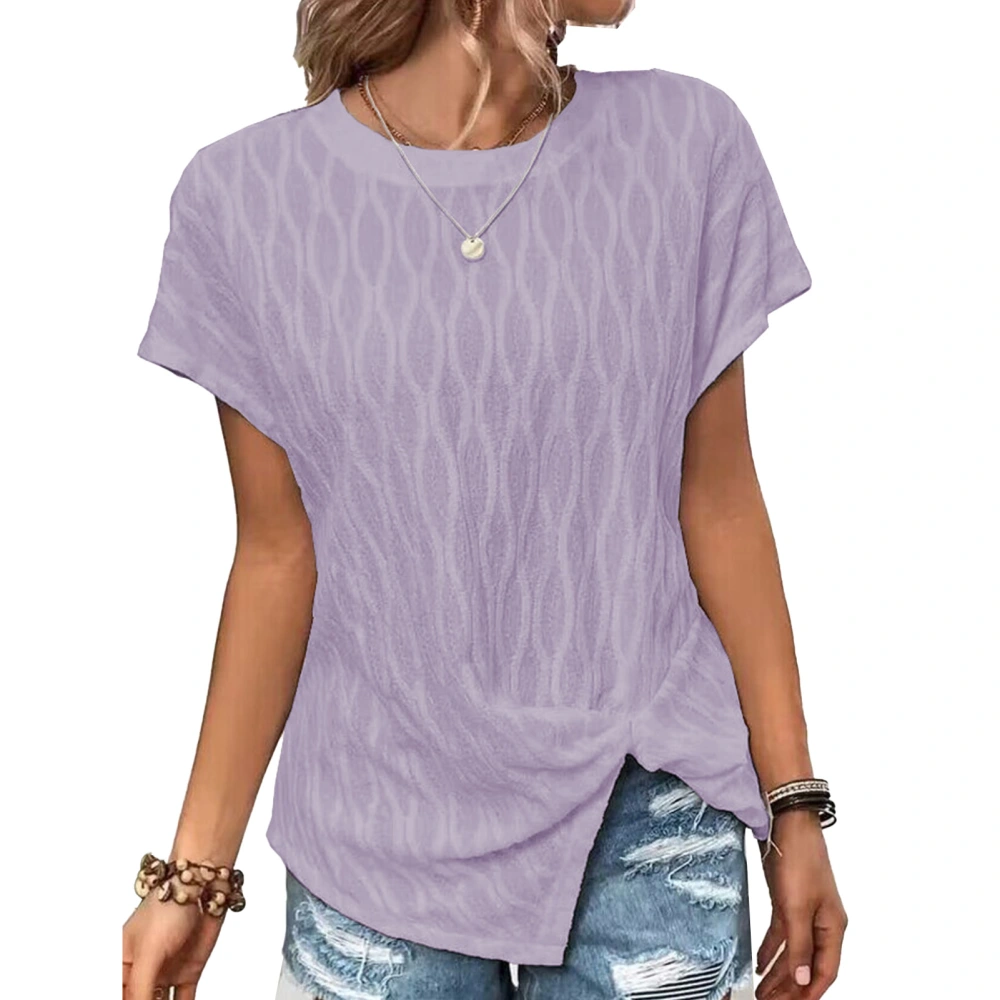 Women Short Sleeve Top Split Hem Round Neck Shirt Casual Pure Color Shirt Summer Loose Top Light Purple XXL