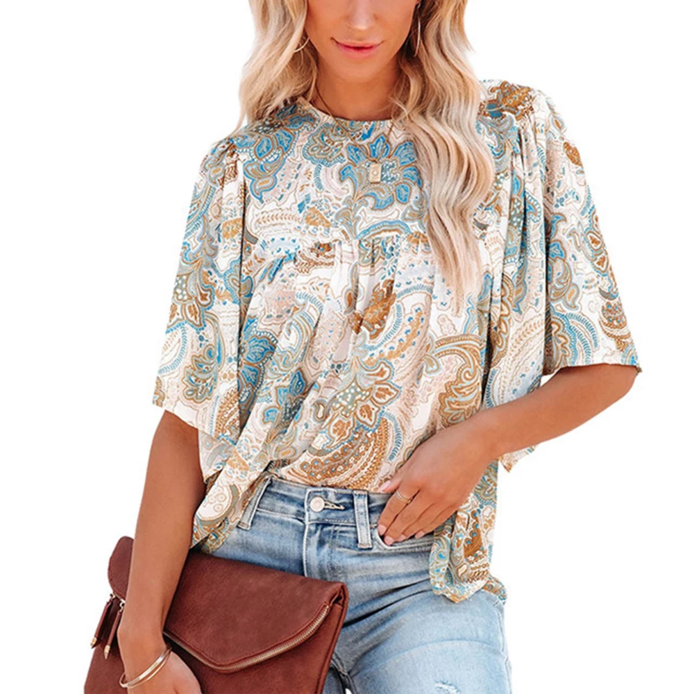 Women Half Sleeve T Shirt Floral Print Crew Neck Loose Fit Elegant Summer Casual Top Floral XL