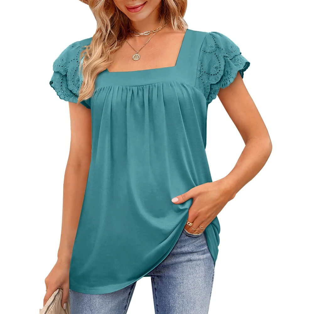 Women Lace Short Sleeve Top Loose Casual Plain Color Ruffle Sleeve Pleated Shirt Blouse for Office Work Turquoise Green S