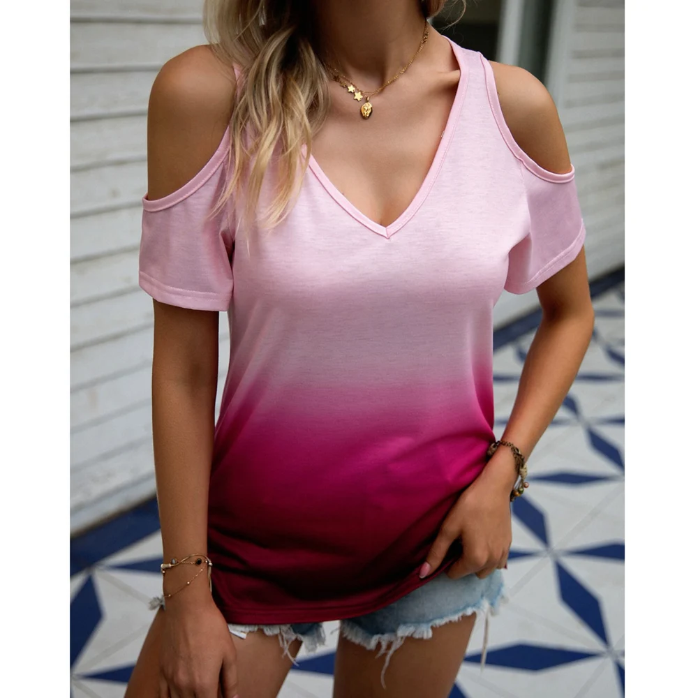 Cold Shoulder Short Sleeve V Neck Fashionable Comfortable Breathable Blouse Top for Party Shopping Birthday Pink L