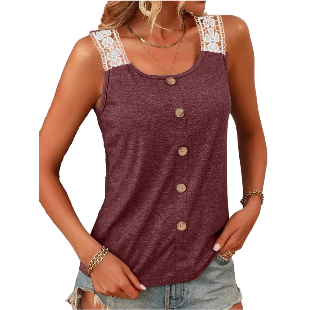 Women Tank Top Casual Loose Lace Stitching Strap Sleeveless Button Tank Top for Female Wine Red L