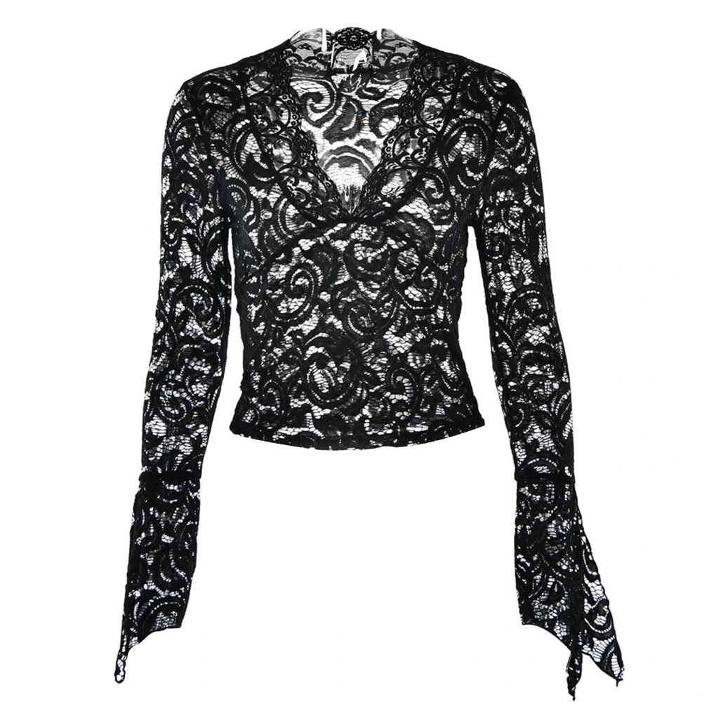 Deep V Neck Top Women Fashionable Elegant Lace Slim Fit Long Bell Sleeve Shirt Blouse for Dating Black S