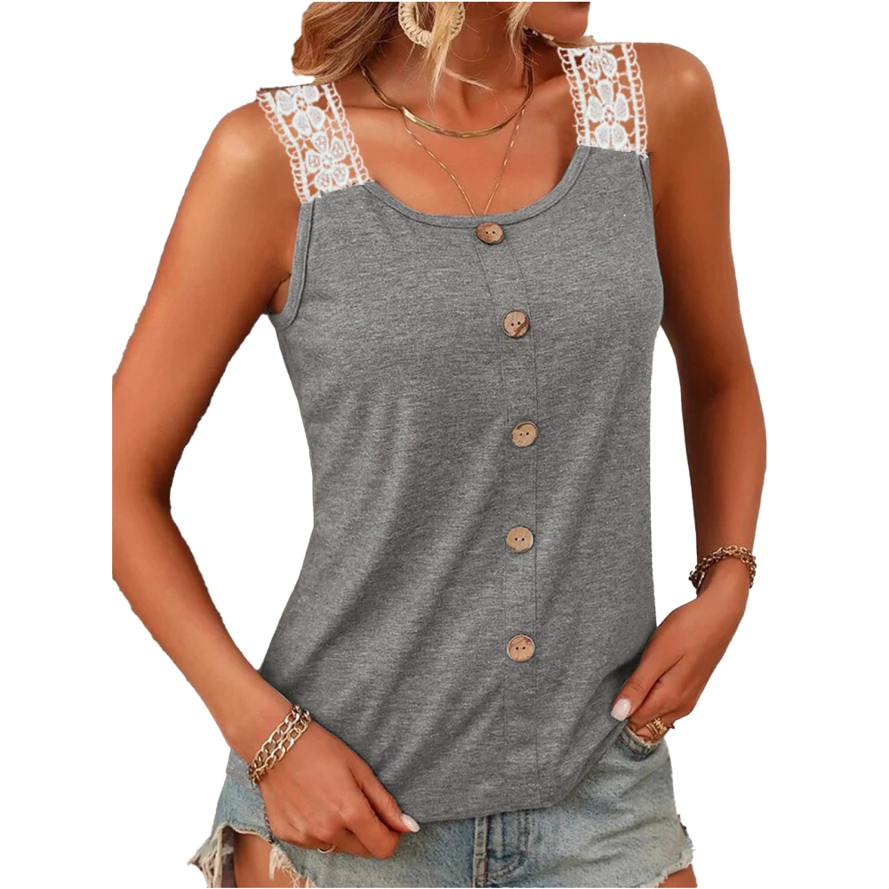 Women Tank Top Casual Loose Lace Stitching Strap Sleeveless Button Tank Top for Female Grey L