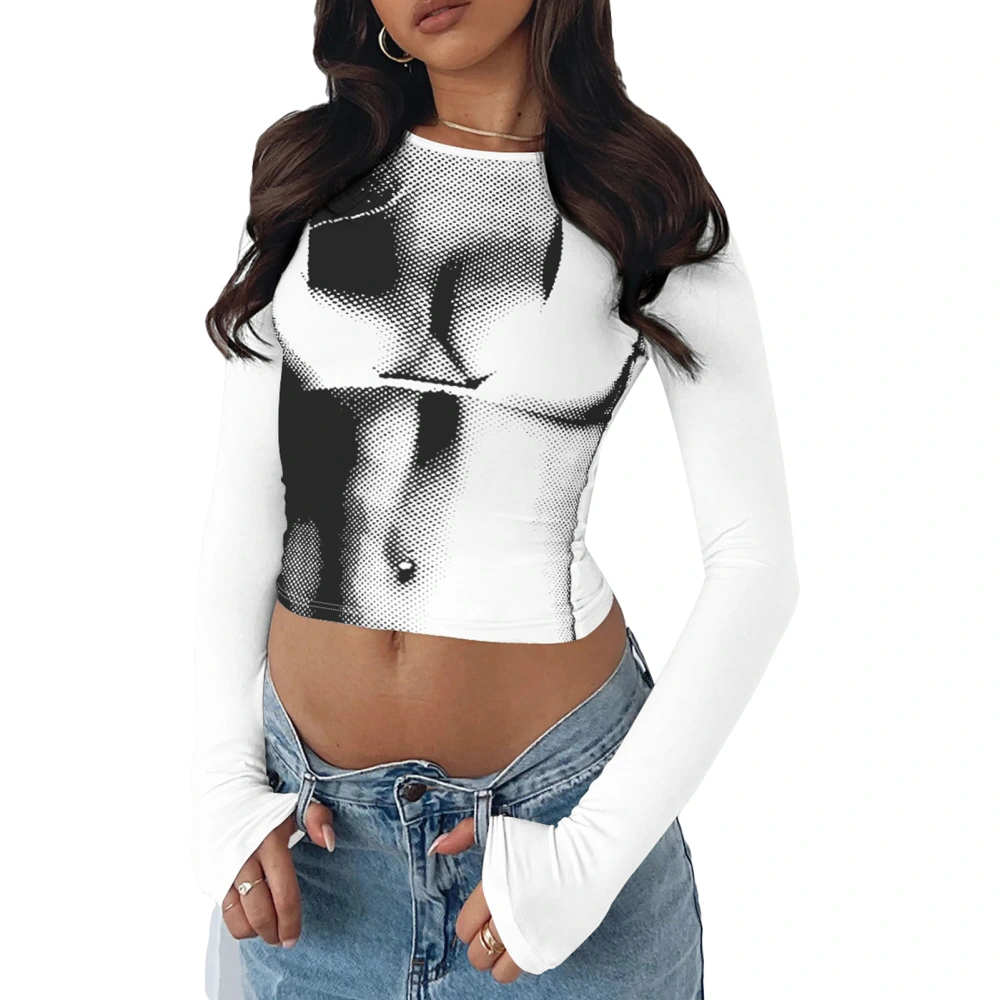 Women Short Top Fashion Print Long Sleeve Round Neck Slim Fit Tank Top for Female White M