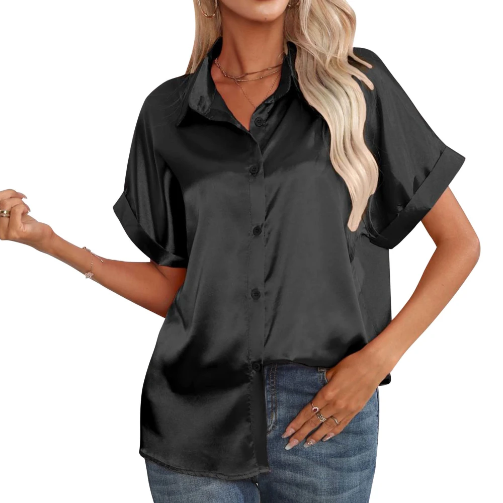 Women Satin Silk Blouse Single Breasted Button Short Sleeve Turn Down Collar Casual Shirt Black XL