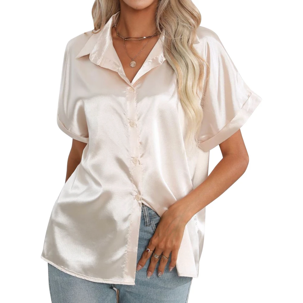 Women Satin Silk Blouse Single Breasted Button Short Sleeve Turn Down Collar Casual Shirt Champagne L