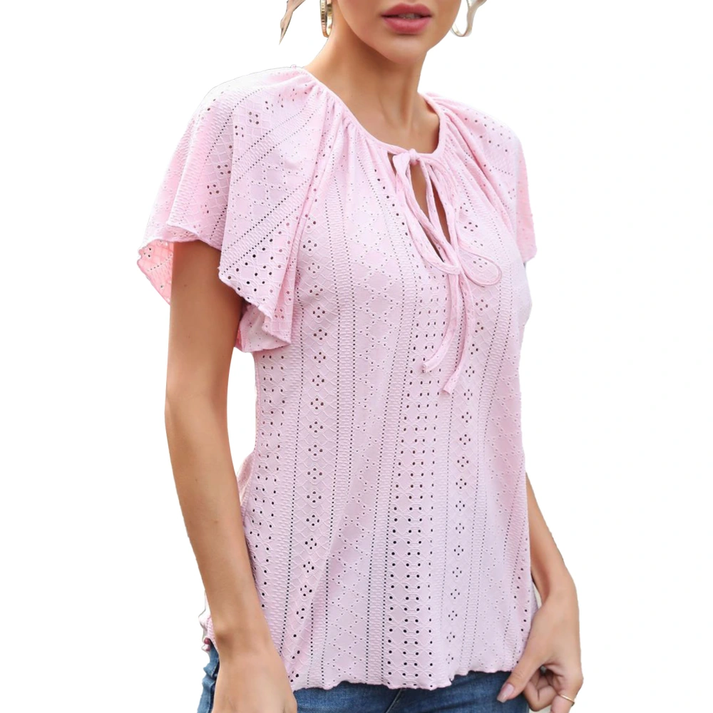 Women Eyelet Top Ruffle Sleeve Tie V Neck Loose Fit Dressy Elegant Summer Casual Shirt Pink M