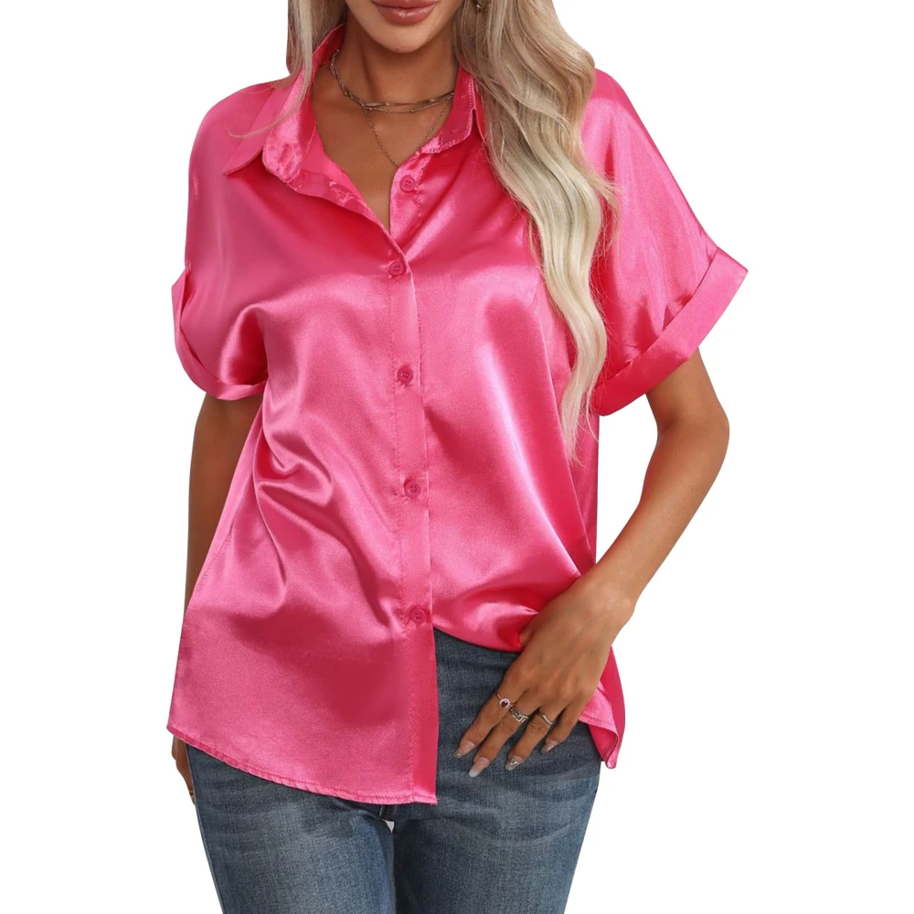 Women Satin Silk Blouse Single Breasted Button Short Sleeve Turn Down Collar Casual Shirt Rose Red M