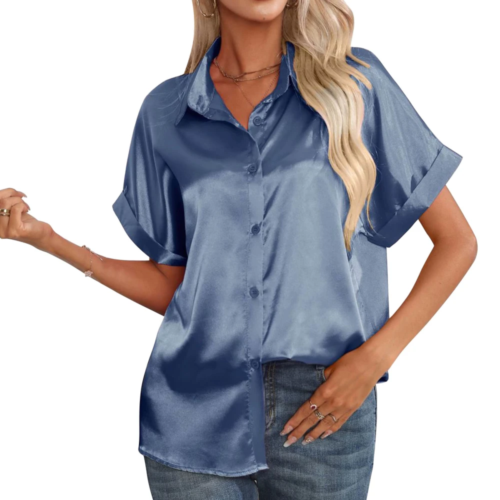 Women Satin Silk Blouse Single Breasted Button Short Sleeve Turn Down Collar Casual Shirt Blue S