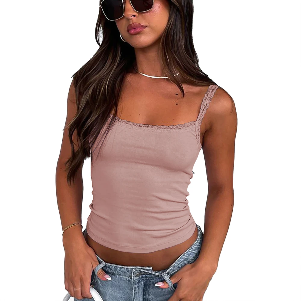 Women Tank Top Sleevess Lace Short Shirt Slimming Pure Color Camisole Top Summer Charming Shirt Pink M