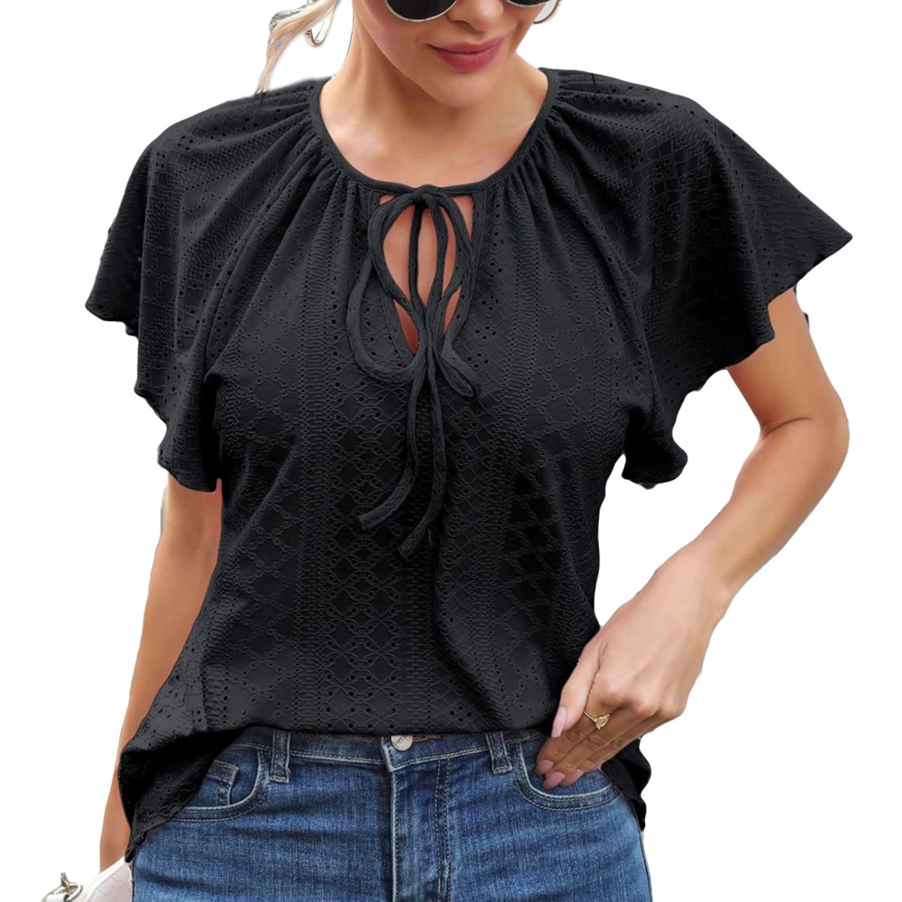 Women Eyelet Top Ruffle Sleeve Tie V Neck Loose Fit Dressy Elegant Summer Casual Shirt Black XL