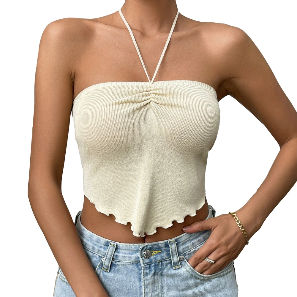 Halter Wrap Top Frill Trim Irregular Hem Sleeveless Fashionable Short Chest Wrap Top for Daily Party Vacation Apricot S