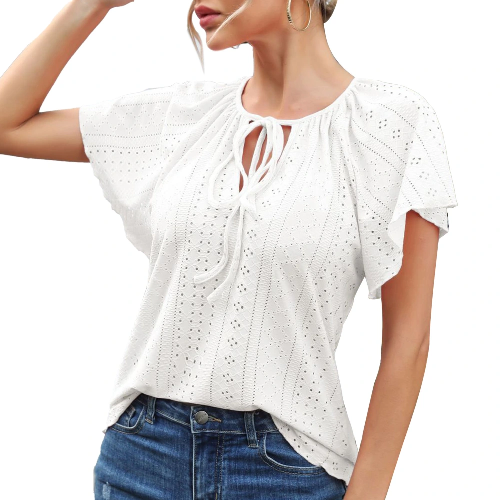 Women Eyelet Top Ruffle Sleeve Tie V Neck Loose Fit Dressy Elegant Summer Casual Shirt White L