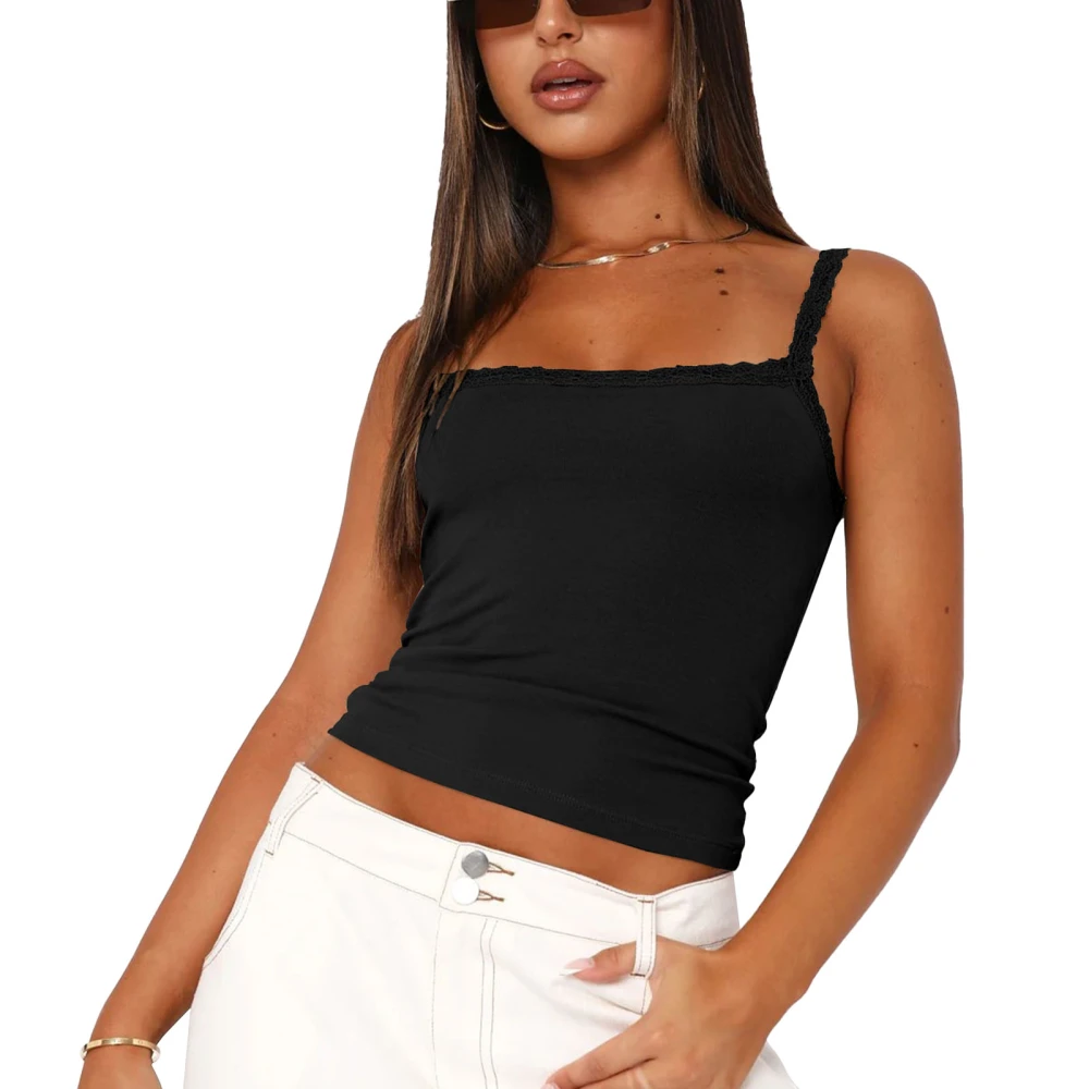 Women Tank Top Sleevess Lace Short Shirt Slimming Pure Color Camisole Top Summer Charming Shirt Black L