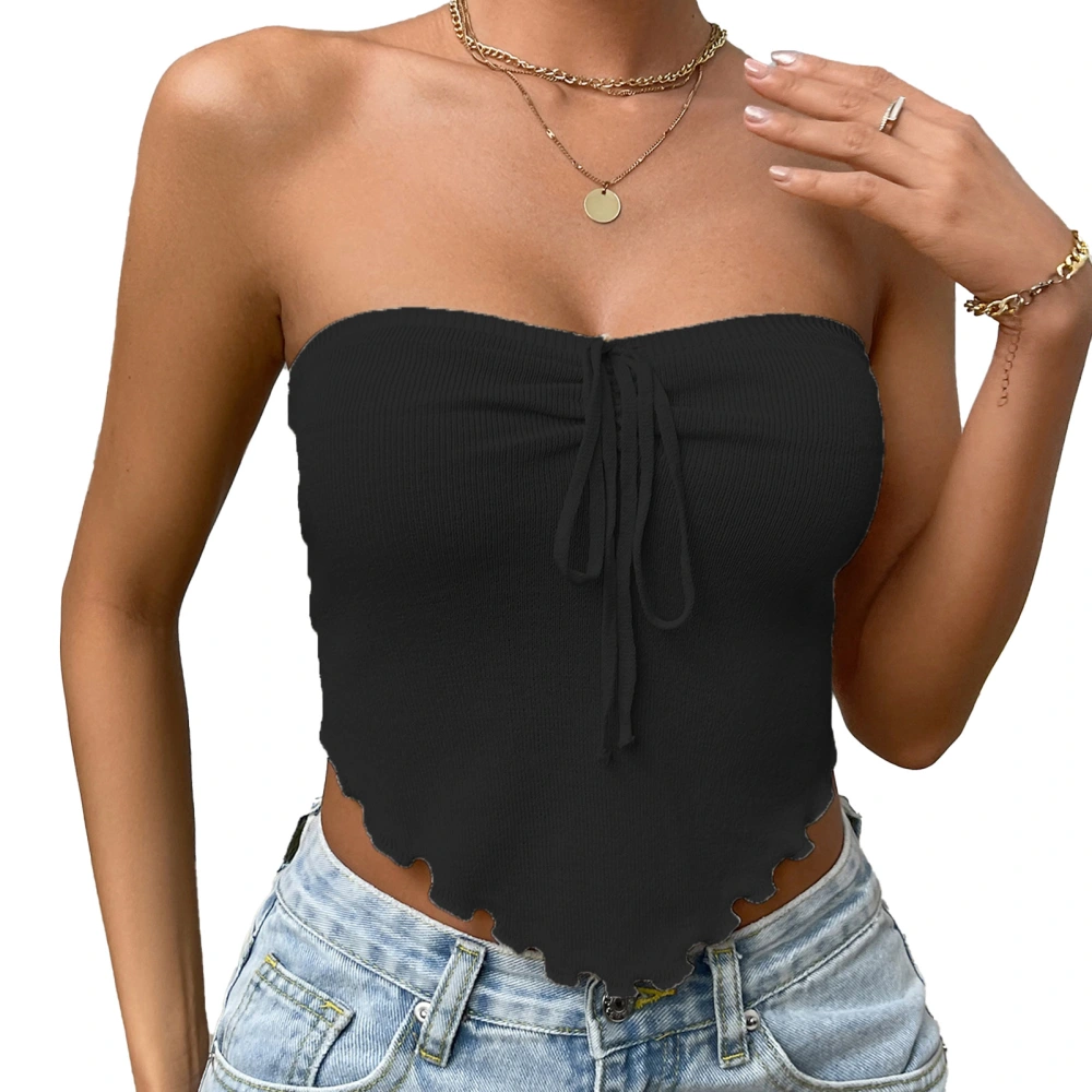 Halter Wrap Top Frill Trim Irregular Hem Sleeveless Fashionable Short Chest Wrap Top for Daily Party Vacation Black S