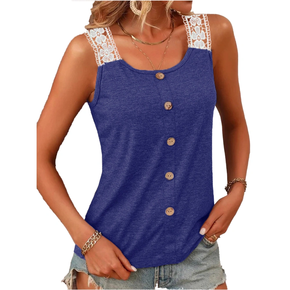 Women Tank Top Casual Loose Lace Stitching Strap Sleeveless Button Tank Top for Female Purplish Blue XL