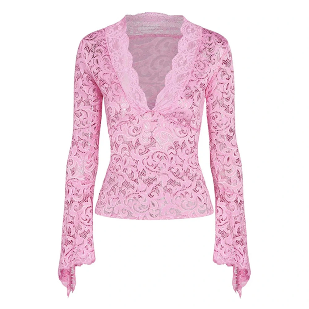 Deep V Neck Top Women Fashionable Elegant Lace Slim Fit Long Bell Sleeve Shirt Blouse for Dating Pink L