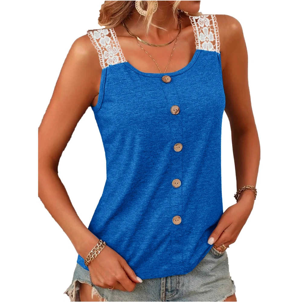 Women Tank Top Casual Loose Lace Stitching Strap Sleeveless Button Tank Top for Female Blue L