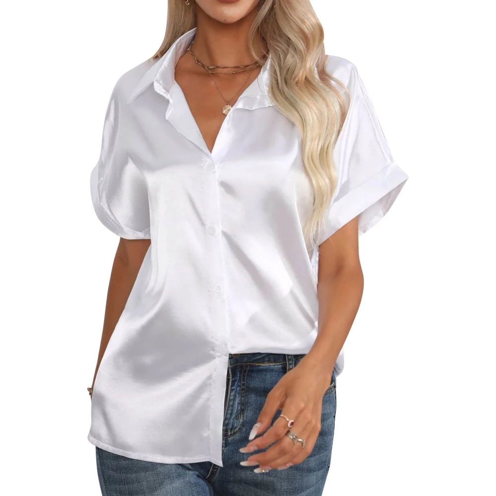 Women Satin Silk Blouse Single Breasted Button Short Sleeve Turn Down Collar Casual Shirt White XL