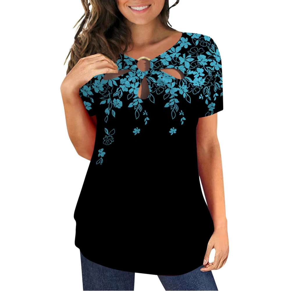 Women Summer Short Sleeve Shirt Cut Out Printed Round Neck T Shirt Casual Female Short Sleeve Top Blue S